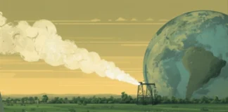 Guterres coloca o metano no centro da crise climática; entenda o impacto na Amazônia Ilustração conceitual de emissões de metano de gás, pecuária e aterro sob céu de mudança climática