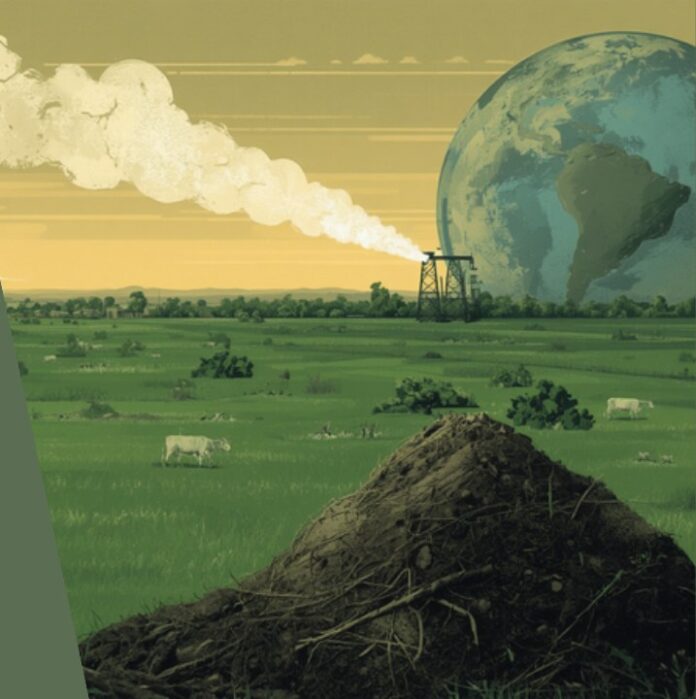 Ilustração sobre emissões de metano e clima Ilustração conceitual de emissões de metano de gás, pecuária e aterro sob céu de mudança climática