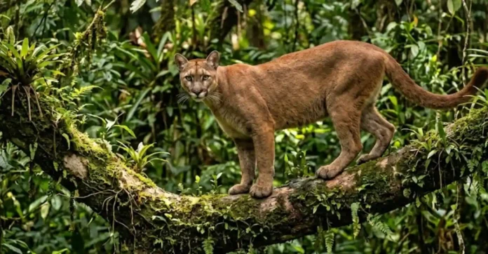 Fotografia documental de vida selvagem capturando uma onça-parda adulta em seu habitat natural na Floresta Amazônica. O felino está posicionado estaticamente sobre uma ramificação robusta e sinuosa de uma árvore nativa, intensamente colonizada por briófitas, musgos e plantas epífitas como bromélias. A composição utiliza uma lente teleobjetiva de grande abertura, resultando em uma profundidade de campo curta que isola o animal contra o plano de fundo complexo de folhagens tropicais. A iluminação é natural e dinâmica, caracterizada pelo efeito chasing light, onde a luz solar fragmentada penetra o dossel superior, esculpindo a musculatura do felino e realçando a textura detalhada de sua pelagem curta e uniforme. O tom geral da imagem evoca a atmosfera úmida, misteriosa e preservada da floresta intocada, com foco cravado nos olhos expressivos do predador.
