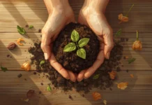 ‘Ouro verde’: o adubo caseiro que revitaliza as plantas sem gastar nada Mãos segurando composto orgânico com uma muda verde