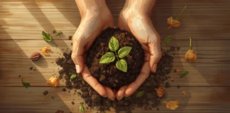 ‘Ouro verde’: o adubo caseiro que revitaliza as plantas sem gastar nada Mãos segurando composto orgânico com uma muda verde