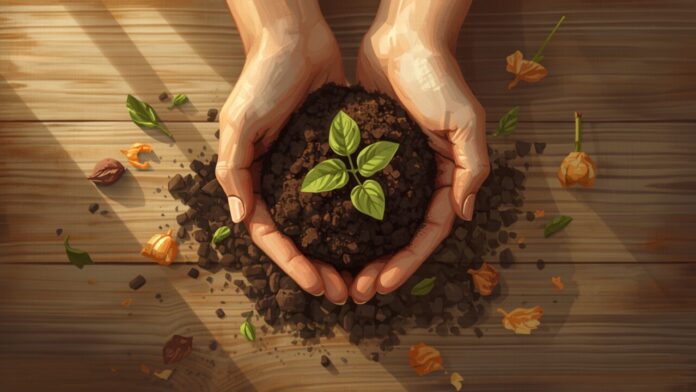 Mãos segurando composto orgânico com uma muda verde Mãos segurando composto orgânico com uma muda verde