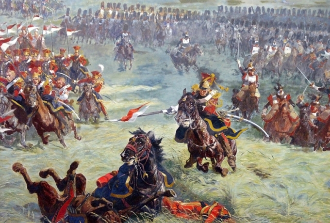 Detalhe do Panorama da Batalha de Waterloo, de Louis Dumoulin Pintura de carga de cavalaria na Batalha de Waterloo, detalhe do panorama de Louis Dumoulin