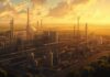 Petrobras estuda dobrar fábricas de fertilizantes para cortar importações Ilustração de planta industrial de fertilizantes ao pôr do sol com lavouras ao fundo