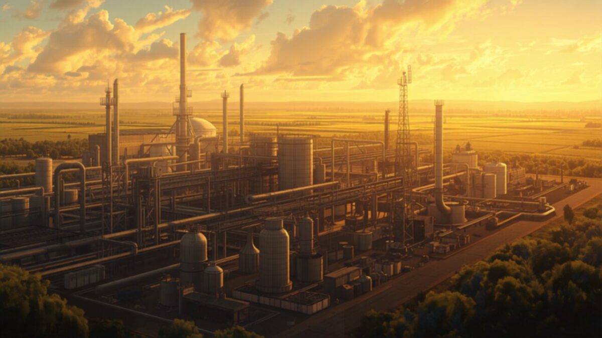 Ilustração de planta industrial de fertilizantes ao pôr do sol com lavouras ao fundo