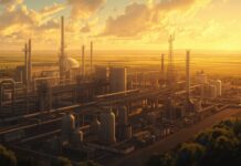 Petrobras estuda dobrar fábricas de fertilizantes para cortar importações Ilustração de planta industrial de fertilizantes ao pôr do sol com lavouras ao fundo