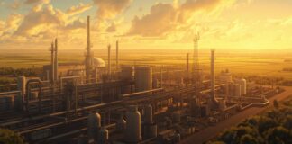 Petrobras estuda dobrar fábricas de fertilizantes para cortar importações Ilustração de planta industrial de fertilizantes ao pôr do sol com lavouras ao fundo