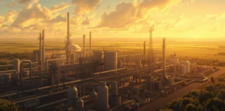 Petrobras estuda dobrar fábricas de fertilizantes para cortar importações Ilustração de planta industrial de fertilizantes ao pôr do sol com lavouras ao fundo