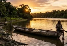 O raro modelo de turismo que está salvando a floresta e gerando renda sem destruir os recursos da Amazônia Uma fotografia documental em estilo cinematográfico captura a atmosfera serena do fim de tarde no Rio Tapajós, na Amazônia. No primeiro plano à direita, uma canoa de madeira envelhecida, com detalhes em tinta branca e o nome "Aruanã" visível na lateral, está ancorada próxima à margem de terra e galhos secos. Um homem ribeirinho está sentado na extremidade da embarcação, segurando um remo de madeira, com o olhar direcionado ao horizonte. A composição utiliza a técnica de contra-luz durante a hora de ouro, com o sol se pondo atrás das copas das árvores na margem esquerda, banhando toda a cena com tons ricos de amarelo, laranja e dourado. O reflexo da luz solar desenha uma trilha luminosa e difusa na superfície levemente ondulada do rio. Ao fundo, a silhueta escura da floresta tropical emoldura o cenário, enquanto um grupo de aves brancas voa em formação baixa sobre a água, adicionando dinamismo e um elemento de vida selvagem à narrativa visual. A profundidade de campo é ampla, mantendo a nitidez desde os texturizados galhos em primeiro plano até a linha de árvores distante