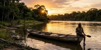 O raro modelo de turismo que está salvando a floresta e gerando renda sem destruir os recursos da Amazônia Uma fotografia documental em estilo cinematográfico captura a atmosfera serena do fim de tarde no Rio Tapajós, na Amazônia. No primeiro plano à direita, uma canoa de madeira envelhecida, com detalhes em tinta branca e o nome "Aruanã" visível na lateral, está ancorada próxima à margem de terra e galhos secos. Um homem ribeirinho está sentado na extremidade da embarcação, segurando um remo de madeira, com o olhar direcionado ao horizonte. A composição utiliza a técnica de contra-luz durante a hora de ouro, com o sol se pondo atrás das copas das árvores na margem esquerda, banhando toda a cena com tons ricos de amarelo, laranja e dourado. O reflexo da luz solar desenha uma trilha luminosa e difusa na superfície levemente ondulada do rio. Ao fundo, a silhueta escura da floresta tropical emoldura o cenário, enquanto um grupo de aves brancas voa em formação baixa sobre a água, adicionando dinamismo e um elemento de vida selvagem à narrativa visual. A profundidade de campo é ampla, mantendo a nitidez desde os texturizados galhos em primeiro plano até a linha de árvores distante