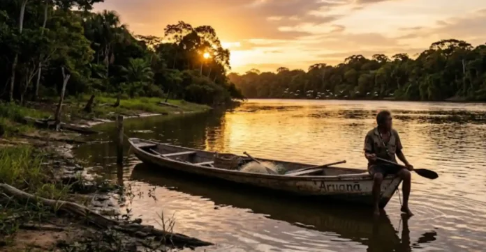 Uma fotografia documental em estilo cinematográfico captura a atmosfera serena do fim de tarde no Rio Tapajós, na Amazônia. No primeiro plano à direita, uma canoa de madeira envelhecida, com detalhes em tinta branca e o nome "Aruanã" visível na lateral, está ancorada próxima à margem de terra e galhos secos. Um homem ribeirinho está sentado na extremidade da embarcação, segurando um remo de madeira, com o olhar direcionado ao horizonte. A composição utiliza a técnica de contra-luz durante a hora de ouro, com o sol se pondo atrás das copas das árvores na margem esquerda, banhando toda a cena com tons ricos de amarelo, laranja e dourado. O reflexo da luz solar desenha uma trilha luminosa e difusa na superfície levemente ondulada do rio. Ao fundo, a silhueta escura da floresta tropical emoldura o cenário, enquanto um grupo de aves brancas voa em formação baixa sobre a água, adicionando dinamismo e um elemento de vida selvagem à narrativa visual. A profundidade de campo é ampla, mantendo a nitidez desde os texturizados galhos em primeiro plano até a linha de árvores distante