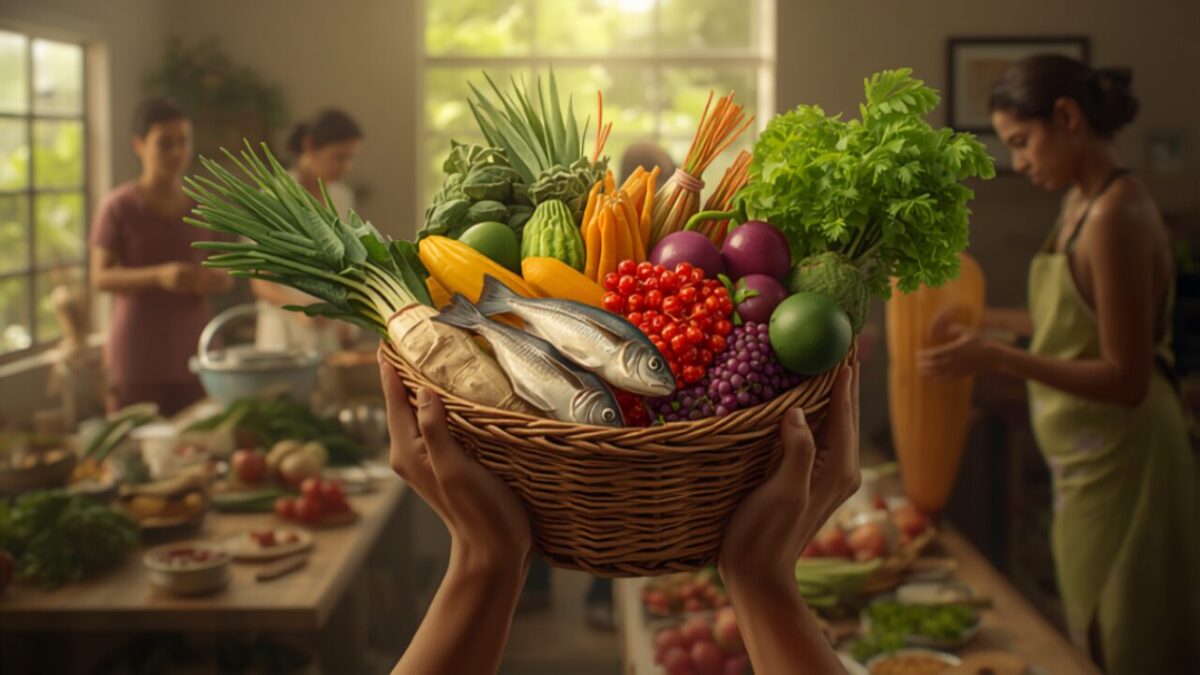 Mãos segurando um cesto com frutas, legumes e peixe em cozinha comunitária