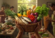 Prêmio Pacto Contra a Fome 2026 abre inscrições com R$ 100 mil; prazo vai até 7 de julho Mãos segurando um cesto com frutas, legumes e peixe em cozinha comunitária