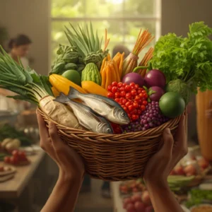 Prêmio Pacto Contra a Fome 2026 abre inscrições com R$ 100 mil; prazo vai até 7 de julho Mãos segurando um cesto com frutas, legumes e peixe em cozinha comunitária