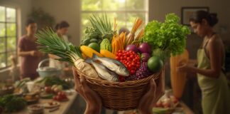 Prêmio Pacto Contra a Fome 2026 abre inscrições com R$ 100 mil; prazo vai até 7 de julho Mãos segurando um cesto com frutas, legumes e peixe em cozinha comunitária