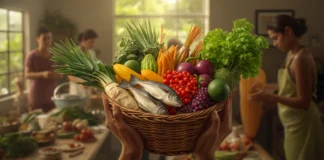 Prêmio Pacto Contra a Fome 2026 abre inscrições com R$ 100 mil; prazo vai até 7 de julho Mãos segurando um cesto com frutas, legumes e peixe em cozinha comunitária