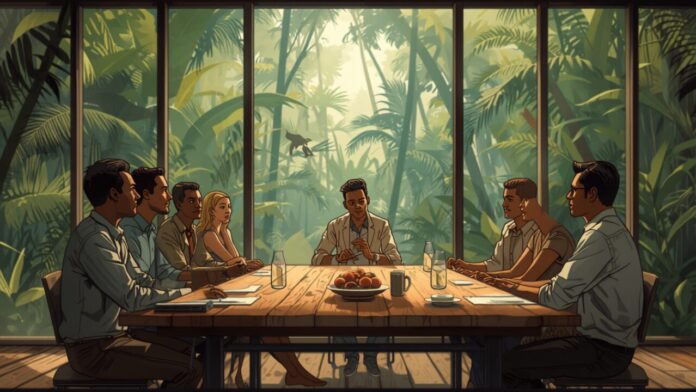 Ilustração de encontro sobre clima e responsabilidade empresarial na Amazônia Ilustração de encontro sobre clima e responsabilidade empresarial na Amazônia