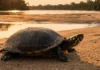 O raro instinto de sobrevivência do tracajá amazônico e o alerta sobre um mito biológico nas redes Uma captura de vida selvagem hiper-realista, concebida com estética de documentário de natureza de alto padrão. A composição cinematográfica foca em um tracajá (Podocnemis unifilis) isolado em um banco de areia amazônico durante o período de estiagem. A imagem é banhada pela iluminação característica da 'golden hour', que projeta sombras longas e confere uma paleta de cores rica em tons de dourado, âmbar e marrom. A técnica fotográfica simula o uso de uma lente teleobjetiva com grande abertura, gerando uma profundidade de campo rasa (bokeh) que separa perfeitamente o plano focal nítido — onde se observam os microdetalhes da areia e a textura rugosa da carapaça e pele do animal — do fundo suavemente desfocado, composto pelas águas calmas do rio e a silhueta da floresta tropical. Arquivo otimizado para resolução 8K UHD, com foco impecável na volumetria e no contraste natural da cena
