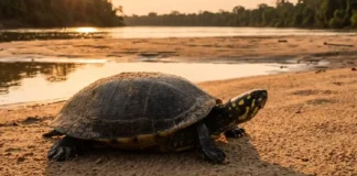 O raro instinto de sobrevivência do tracajá amazônico e o alerta sobre um mito biológico nas redes Uma captura de vida selvagem hiper-realista, concebida com estética de documentário de natureza de alto padrão. A composição cinematográfica foca em um tracajá (Podocnemis unifilis) isolado em um banco de areia amazônico durante o período de estiagem. A imagem é banhada pela iluminação característica da 'golden hour', que projeta sombras longas e confere uma paleta de cores rica em tons de dourado, âmbar e marrom. A técnica fotográfica simula o uso de uma lente teleobjetiva com grande abertura, gerando uma profundidade de campo rasa (bokeh) que separa perfeitamente o plano focal nítido — onde se observam os microdetalhes da areia e a textura rugosa da carapaça e pele do animal — do fundo suavemente desfocado, composto pelas águas calmas do rio e a silhueta da floresta tropical. Arquivo otimizado para resolução 8K UHD, com foco impecável na volumetria e no contraste natural da cena