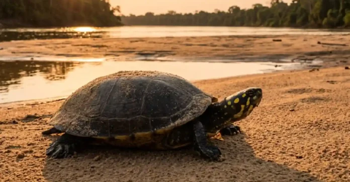 Uma captura de vida selvagem hiper-realista, concebida com estética de documentário de natureza de alto padrão. A composição cinematográfica foca em um tracajá (Podocnemis unifilis) isolado em um banco de areia amazônico durante o período de estiagem. A imagem é banhada pela iluminação característica da 'golden hour', que projeta sombras longas e confere uma paleta de cores rica em tons de dourado, âmbar e marrom. A técnica fotográfica simula o uso de uma lente teleobjetiva com grande abertura, gerando uma profundidade de campo rasa (bokeh) que separa perfeitamente o plano focal nítido — onde se observam os microdetalhes da areia e a textura rugosa da carapaça e pele do animal — do fundo suavemente desfocado, composto pelas águas calmas do rio e a silhueta da floresta tropical. Arquivo otimizado para resolução 8K UHD, com foco impecável na volumetria e no contraste natural da cena