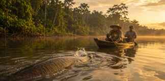 O pirarucu precisa subir à superfície para respirar e essa característica ajuda pescadores a contar os gigantes dos rios