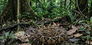 Surucucu-pico-de-jaca injeta grande volume de peçonha em uma única picada mas evita o confronto com seres humanos Surucucu-pico-de-jaca injeta grande volume de peçonha em uma única picada mas evita o confronto com seres humanos