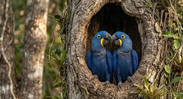 Arara-azul mantém o mesmo parceiro por três décadas e enfrenta escassez de cavidades naturais para reprodução na natureza