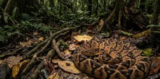 Surucucu-de-fogo utiliza camuflagem em folhas secas e imobilidade prolongada para realizar a caça por emboscada na Amazônia