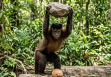 Macaco-prego da Amazônia seleciona pedras por tamanho e peso como ferramentas para quebrar cocos e castanhas duras