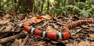Falsa-coral mimetiza padrão de cores da coral-verdadeira como estratégia evolutiva para afastar ameaças e sobreviver na floresta