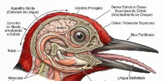 Pica-pau utiliza estrutura óssea craniana e língua envolvente como sistema de amortecimento mecânico para proteger o cérebro de impactos repetidos
