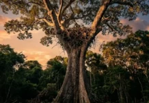 Gavião-real constrói ninhos monumentais que acumulam peso por décadas e exigem a sustentação de árvores centenárias na Amazônia