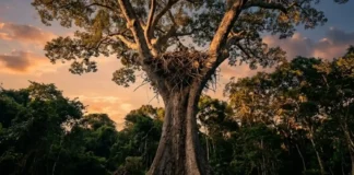 Gavião-real constrói ninhos monumentais que acumulam peso por décadas e exigem a sustentação de árvores centenárias na Amazônia