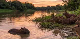 Capivara vive em grupos familiares de até vinte indivíduos organizados por um macho dominante que protege o território na água