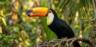 Tucano engole frutos inteiros e espalha sementes a grandes distâncias, atuando como motor da regeneração florestal