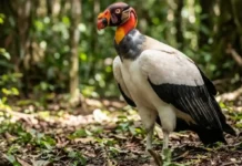 Urubu-rei utiliza bico monumental para rasgar couro de grandes carcaças e dita a hierarquia das aves carniceiras na floresta