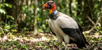 Urubu-rei utiliza bico monumental para rasgar couro de grandes carcaças e dita a hierarquia das aves carniceiras na floresta
