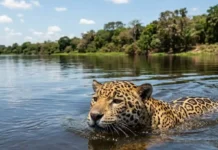 Onça-pintada nada rios largos com facilidade e caça jacarés dentro da água usando uma mordida que perfura o crânio