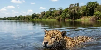Onça-pintada nada rios largos com facilidade e caça jacarés dentro da água usando uma mordida que perfura o crânio