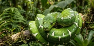 Cobra-papagaio: a mestre da camuflagem arbórea que se funde ao dossel amazônico para caçar por emboscada