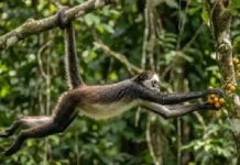 A agilidade do macaco aranha combina cauda preênsil e braquiação rápida na copa das florestas tropicais