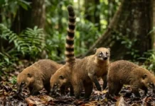 A socialidade do quati de cauda anelada e seu focinho móvel que rastreia alimentos no chão da floresta