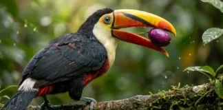 Como as aves jardineiras da Amazônia garantem a sobrevivência da floresta transportando sementes a distâncias surpreendentes Um tucano-de-cuvier (Ramphastos tucanus) pousado em um galho de árvore coberto de musgo na Floresta Amazônica. O pássaro tem plumagem preta no corpo e branca no peito e pescoço, com detalhes vermelhos. Seu bico maciço é de cor amarelo-laranja com uma faixa preta na parte superior e preta na ponta. O tucano segura uma grande fruta roxa e madura em seu bico, prestes a engoli-la. A luz solar da manhã se filtra através da densa copa verde desfocada ao fundo, iluminando gotículas de água nas folhas próximas. O foco é nítido na cabeça, bico e olhos do tucano e na fruta roxa.