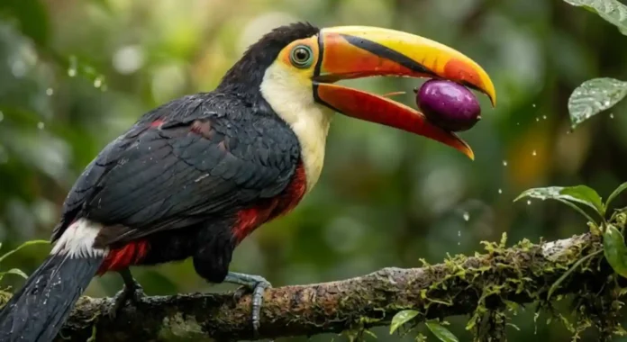 Um tucano-de-cuvier (Ramphastos tucanus) pousado em um galho de árvore coberto de musgo na Floresta Amazônica. O pássaro tem plumagem preta no corpo e branca no peito e pescoço, com detalhes vermelhos. Seu bico maciço é de cor amarelo-laranja com uma faixa preta na parte superior e preta na ponta. O tucano segura uma grande fruta roxa e madura em seu bico, prestes a engoli-la. A luz solar da manhã se filtra através da densa copa verde desfocada ao fundo, iluminando gotículas de água nas folhas próximas. O foco é nítido na cabeça, bico e olhos do tucano e na fruta roxa.