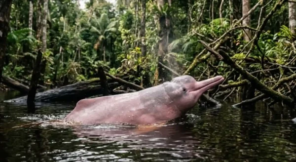 El delfín rosado del Amazonas es el mayor delfín de agua dulce y navega por eco en ríos turbios