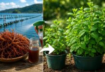 Uma alga cultivada no litoral brasileiro fez a hortelã crescer mais e ficar cheia de novos ramos