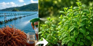 Uma alga cultivada no litoral brasileiro fez a hortelã crescer mais e ficar cheia de novos ramos