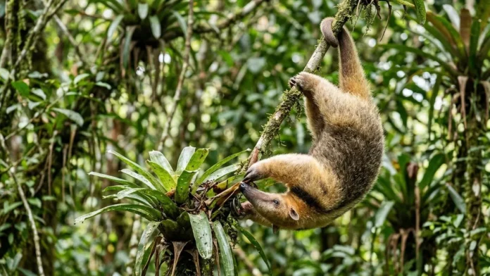 Tamanduá-mirim utiliza cauda preênsil como quinto membro para estabilizar corpo durante forrageio vertical em bromélias e troncos Tamanduá-mirim utiliza cauda preênsil como quinto membro para estabilizar corpo durante forrageio vertical em bromélias e troncos