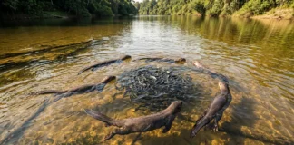 Ariranha sincroniza caça coletiva com vocalização subaquática e cerca cardumes em rios rasos da Amazônia Ariranha sincroniza caça coletiva com vocalização subaquática e cerca cardumes em rios rasos da Amazônia