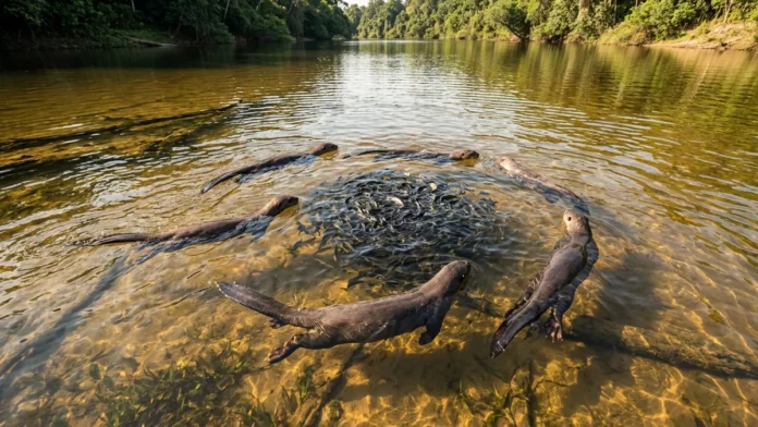 Ariranha sincroniza caça coletiva com vocalização subaquática e cerca cardumes em rios rasos da Amazônia Ariranha sincroniza caça coletiva com vocalização subaquática e cerca cardumes em rios rasos da Amazônia